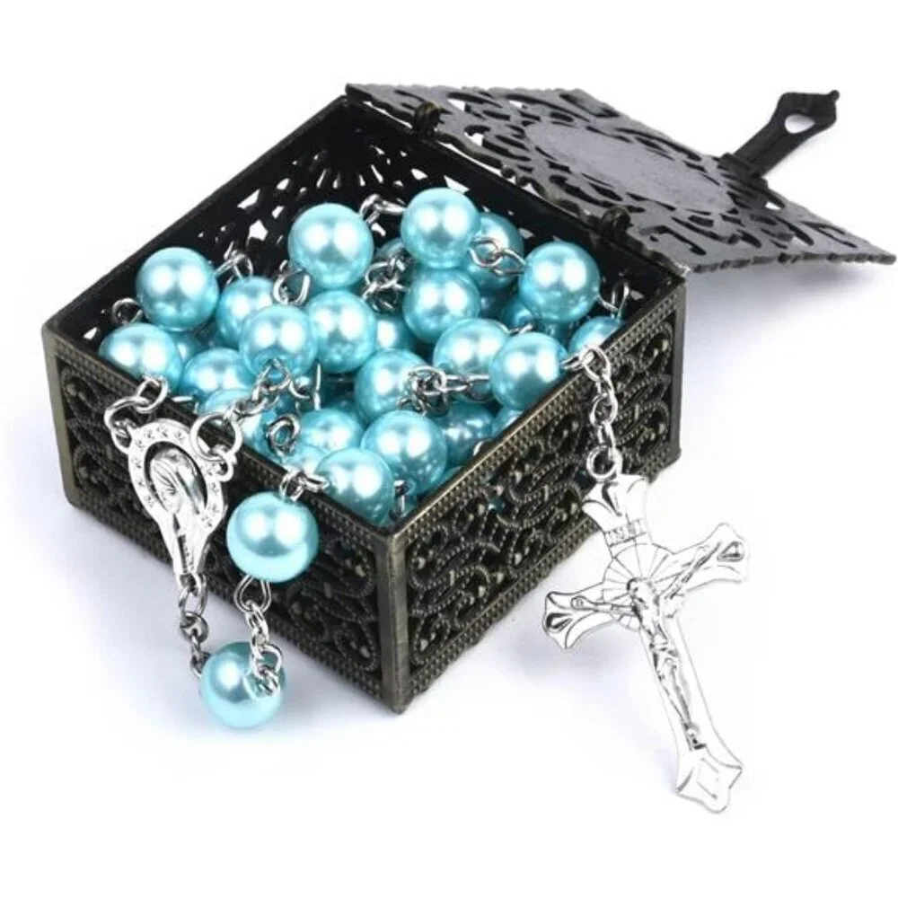 Blue Rosary Beads with Vintage Keepsake Box – Royal Blue Gemstone Accent
